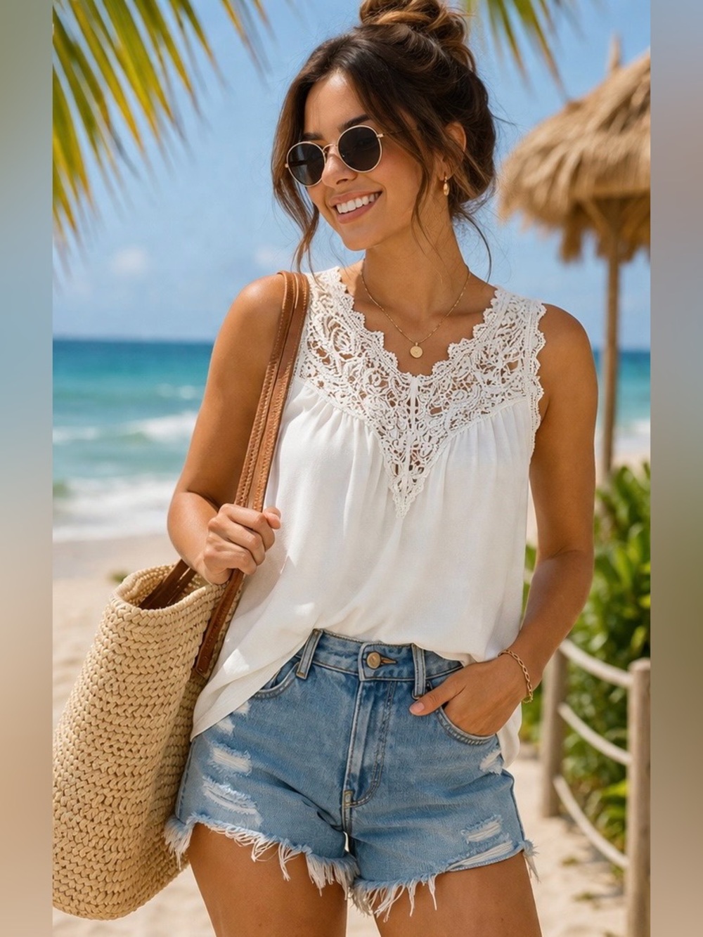 mine Lace-Trim Sleeveless Tank Top - White